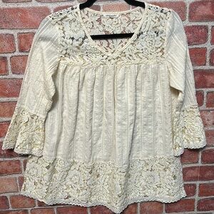 And The Why Cream, Boho Top, Lightweight, 3/4 Sleeves, Lace Accents, Size Small